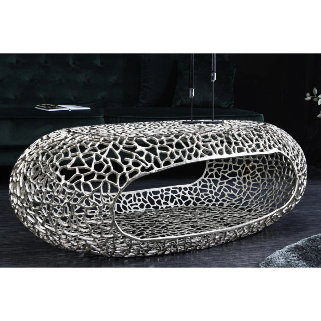Tavolino basso METRIX ovale 119 cm argento con nicchia integrata - Tavolino design in alluminio
