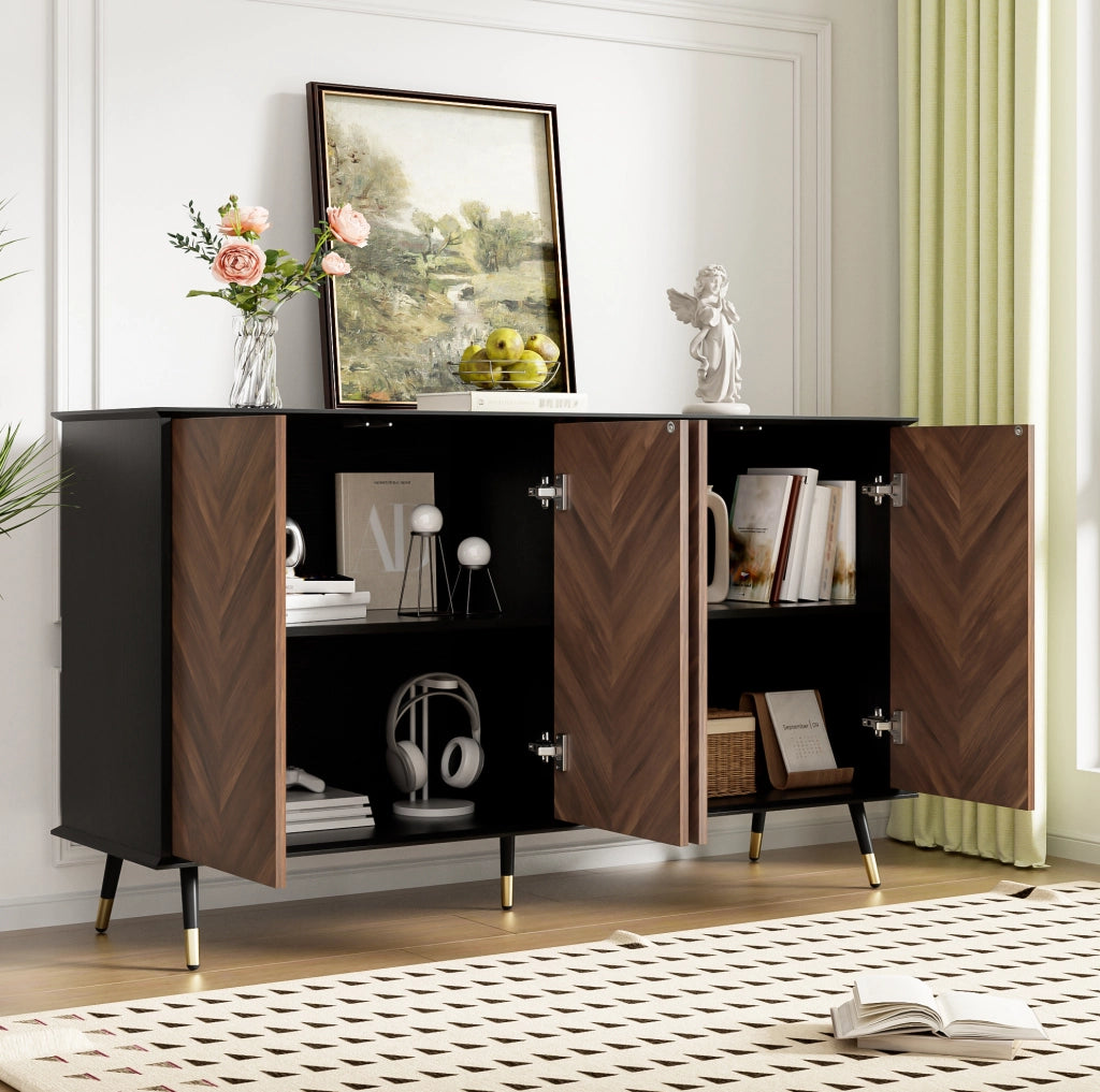 Credenza 140x40x80 cm nera e marrone in MDF, 4 ante con ripiani regolabili