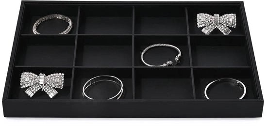 Display per gioielli in pelle nera PU con 12 ripiani, organizzatore per accessori, orologi, orecchini e anelli