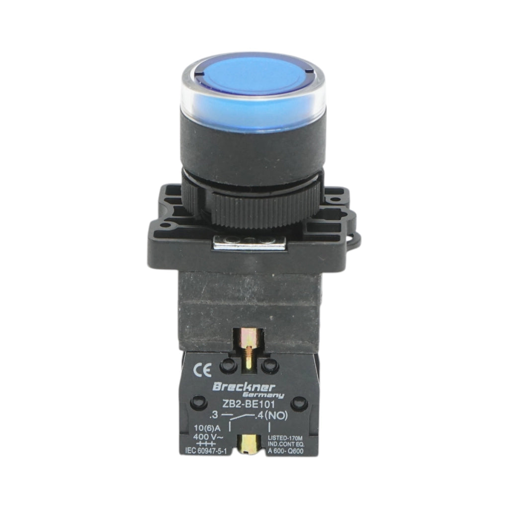 Pulsante indicatore LED blu con resistenza integrata 1NO, 24V, LAY5 Breckner Germany