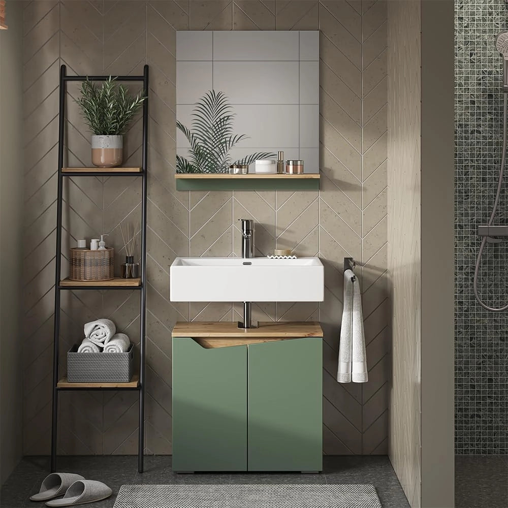 Specchio da bagno Marelle, Verde/Artigianale, 60 x 67 cm con ripiano, adatto per il montaggio a parete in ambienti umidi