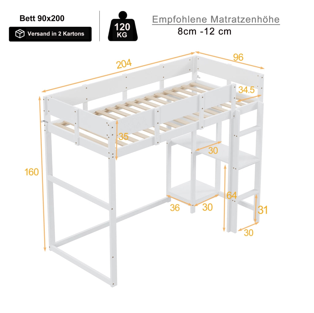 Letto a soppalco con ripiano 90 x 200 cm in legno massiccio di pino; bianco