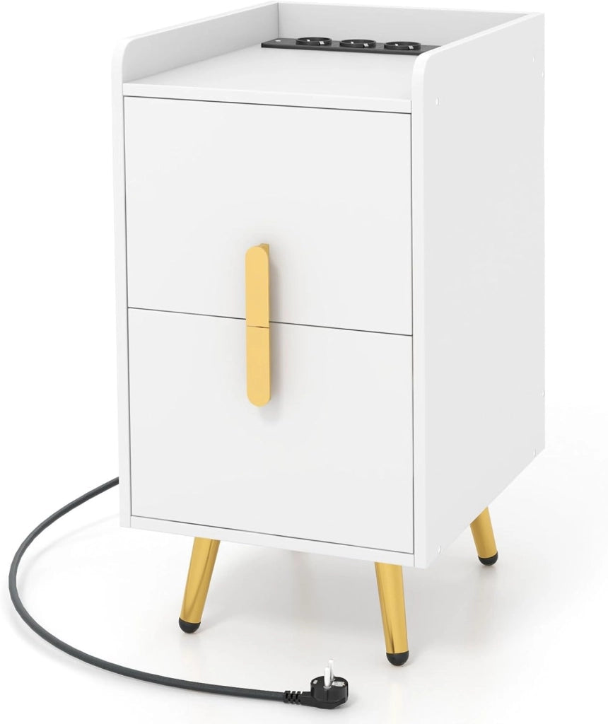 Comodino con stazione di ricarica, comodino con 2 porte USB e 3 prese, tavolino con 2 cassetti, comodino con gambe in metallo, 32 x 40 x 60 cm