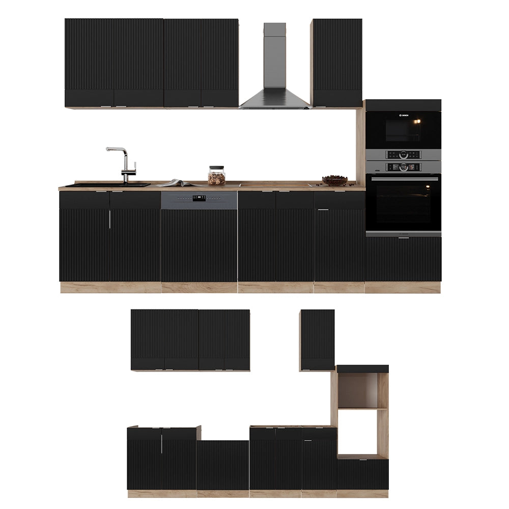 Cucina componibile Fame-Line Nero rigato/Rovere dorato 300 cm con armadio alto, PL Marmo Vicco