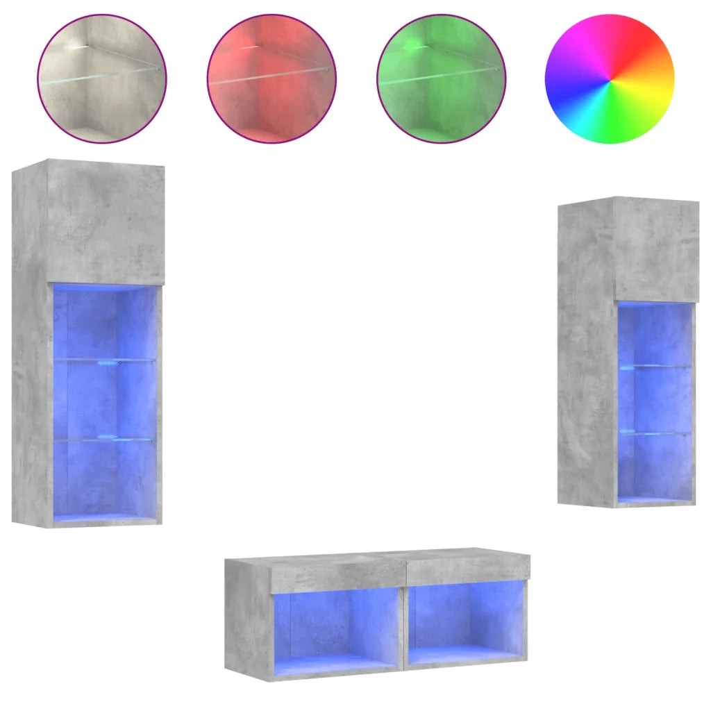 Mobili TV a Muro 4 pz-Credenza per TV con Luci LED Grigio Cemento 428955