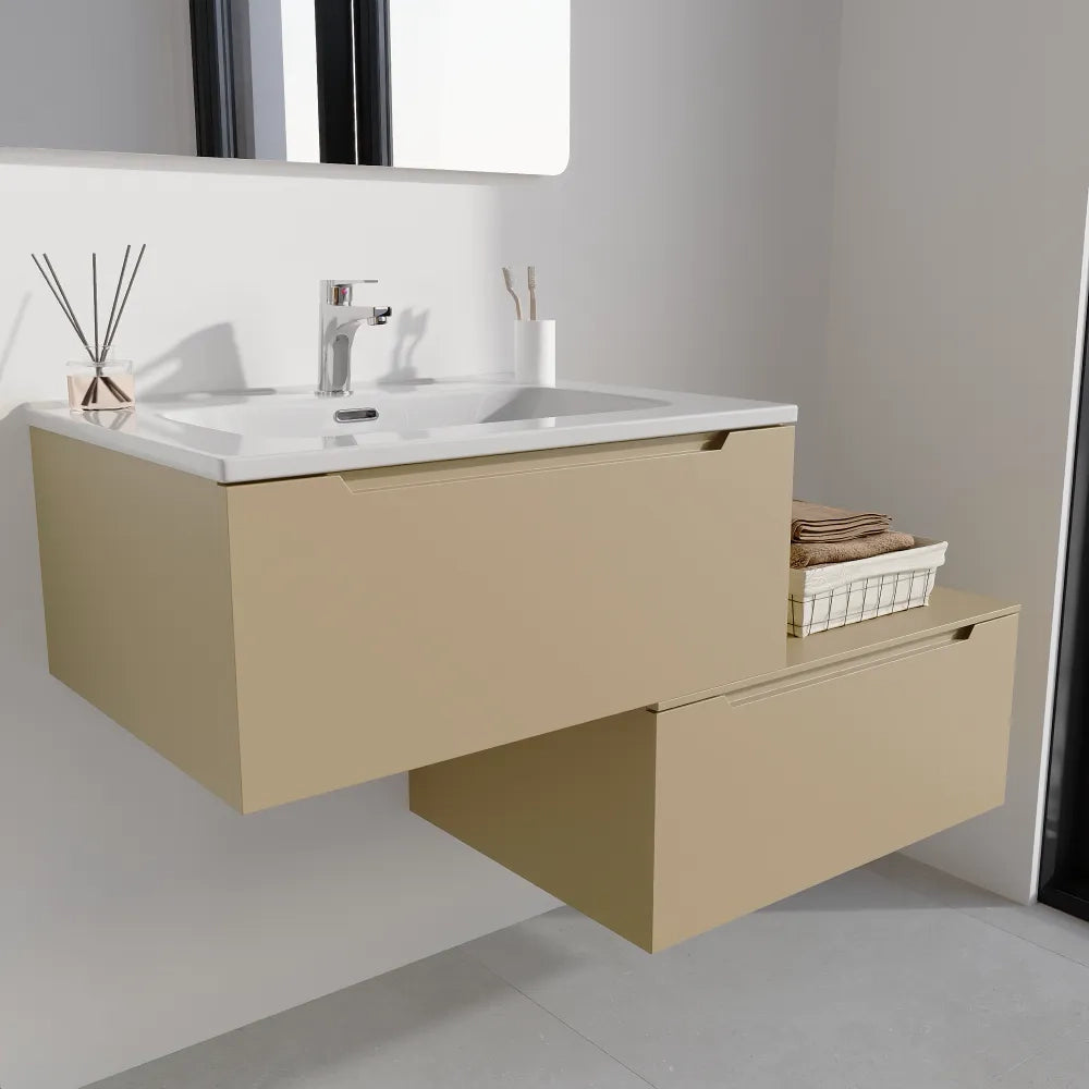 Mobile bagno sospeso modulare 70 cm sabbia opaco due cassetti con lavabo | Bako