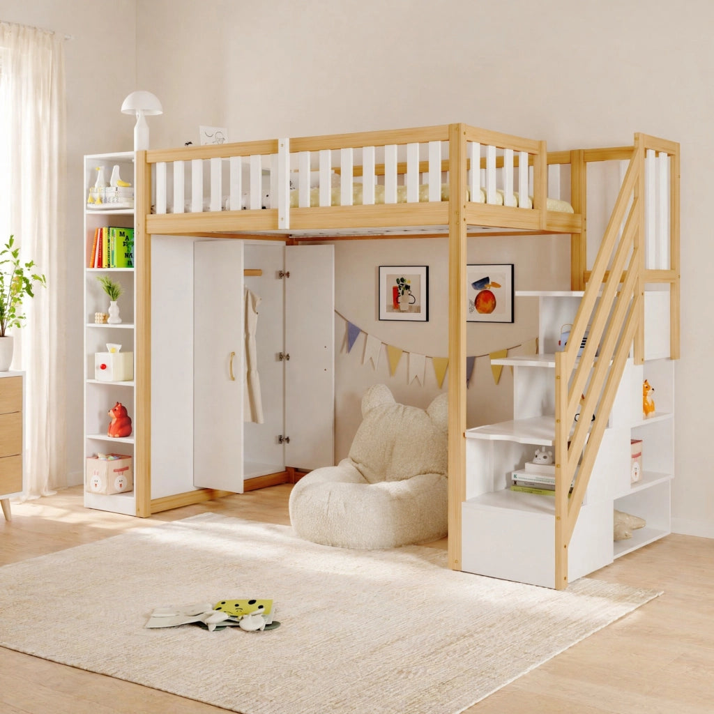 Letto a soppalco 90x200 cm con armadio; scaffali e scala con vani; bianco e legno naturale