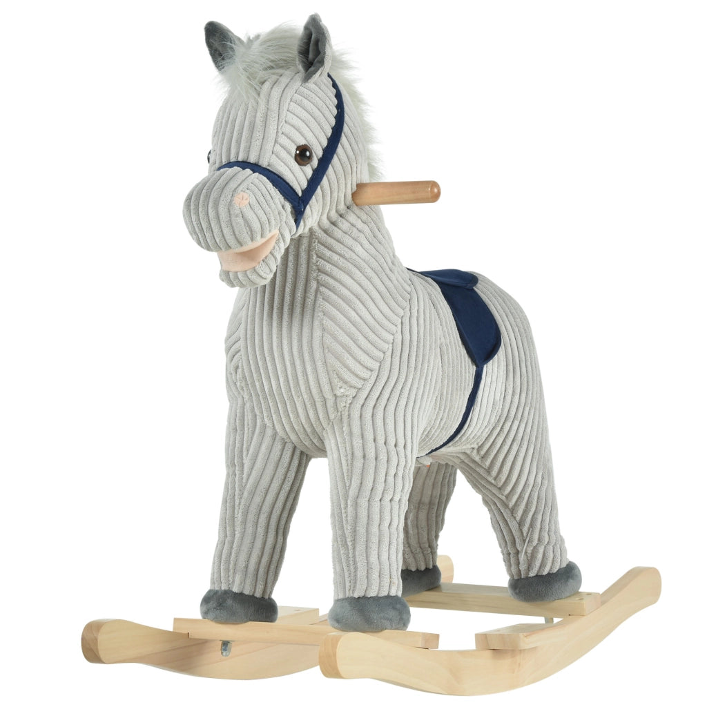 Cavallo a Dondolo per Bambini 3-6 Anni con Suoni in Peluche, 73x35x64cm, Grigio