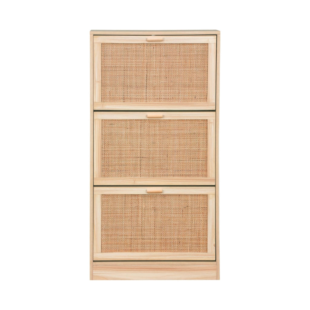 Scarpiera con decoro in canna e legno, 3 ante, marrone naturale