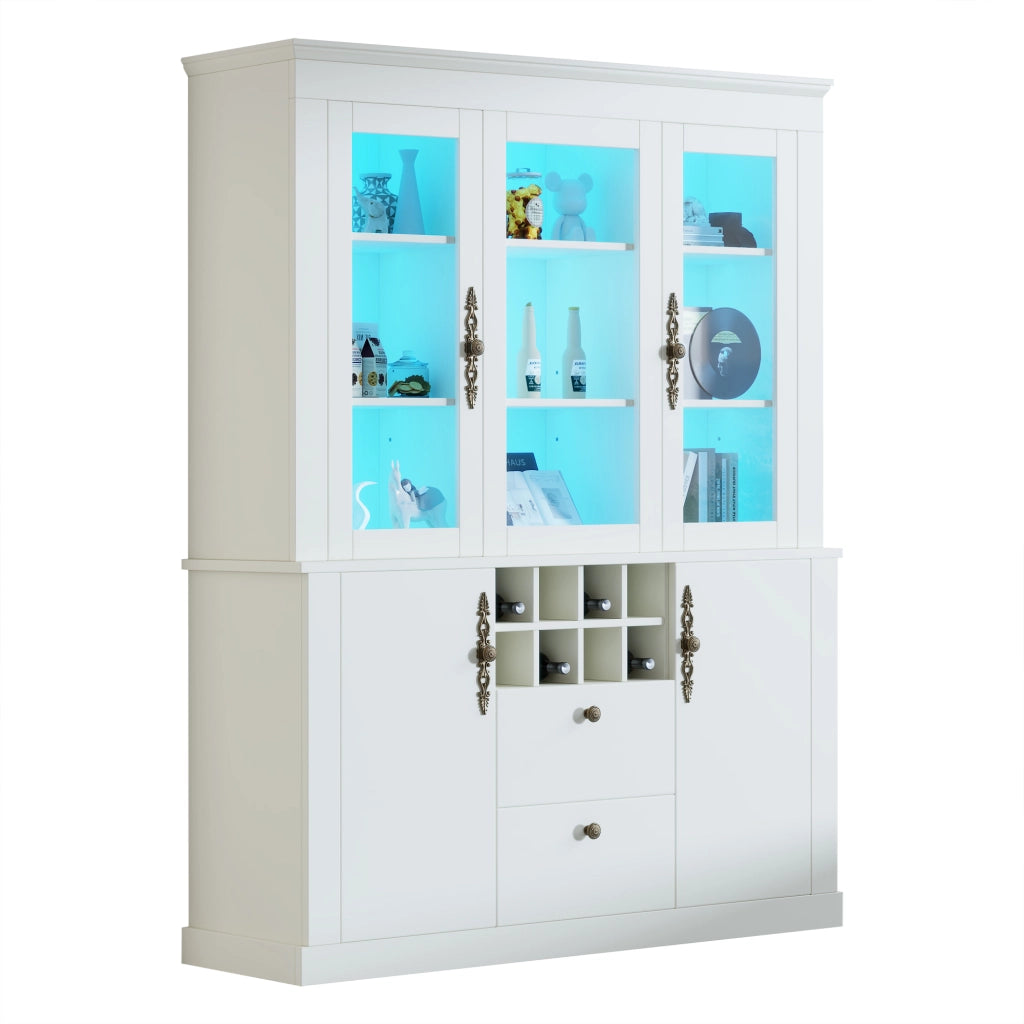 Vetrina con 2 cassetti 4 ante e 8 portabottiglie con LED per soggiorno e sala da pranzo in bianco 130 × 37,5 × 170,5 cm