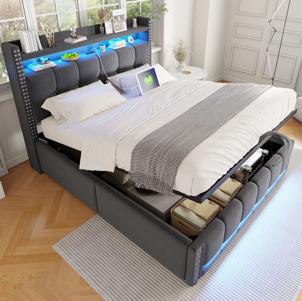 Letto matrimoniale imbottito 140x200 cm in tessuto grigio con LED; USB e contenitore