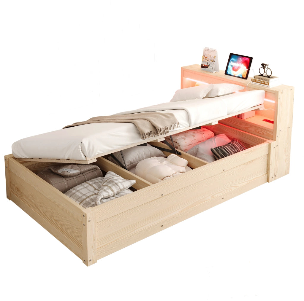 Letto 90x200 cm con contenitore idraulico; presa integrata e LED