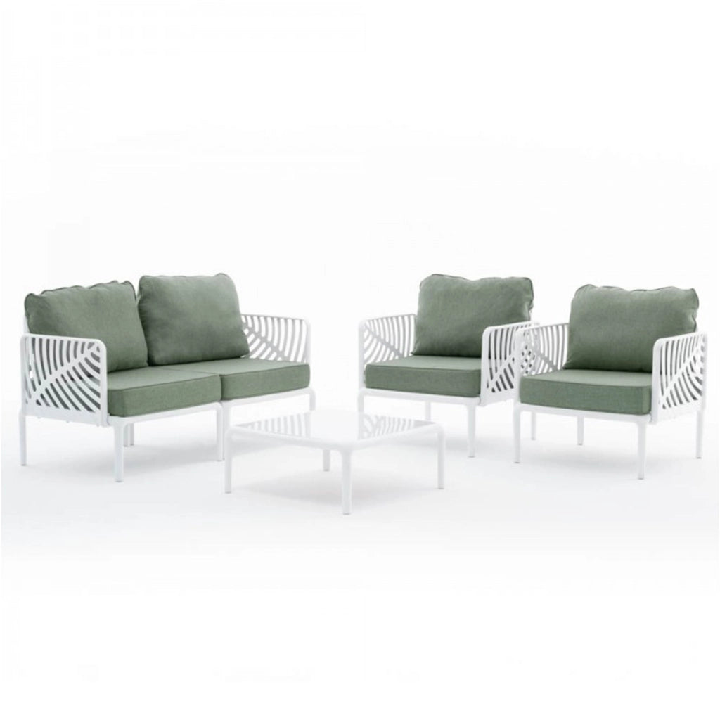 Set Giardino Sierra 4 Posti – Divano, 2 Poltrone, Tavolino – Resina con Fibra di Vetro, Cuscini Imbottiti Sfoderabil