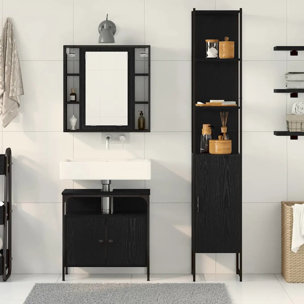 Set di mobili per il Bagno | Armadio da bagno 3 pz Rovere Nero Legno multistrato