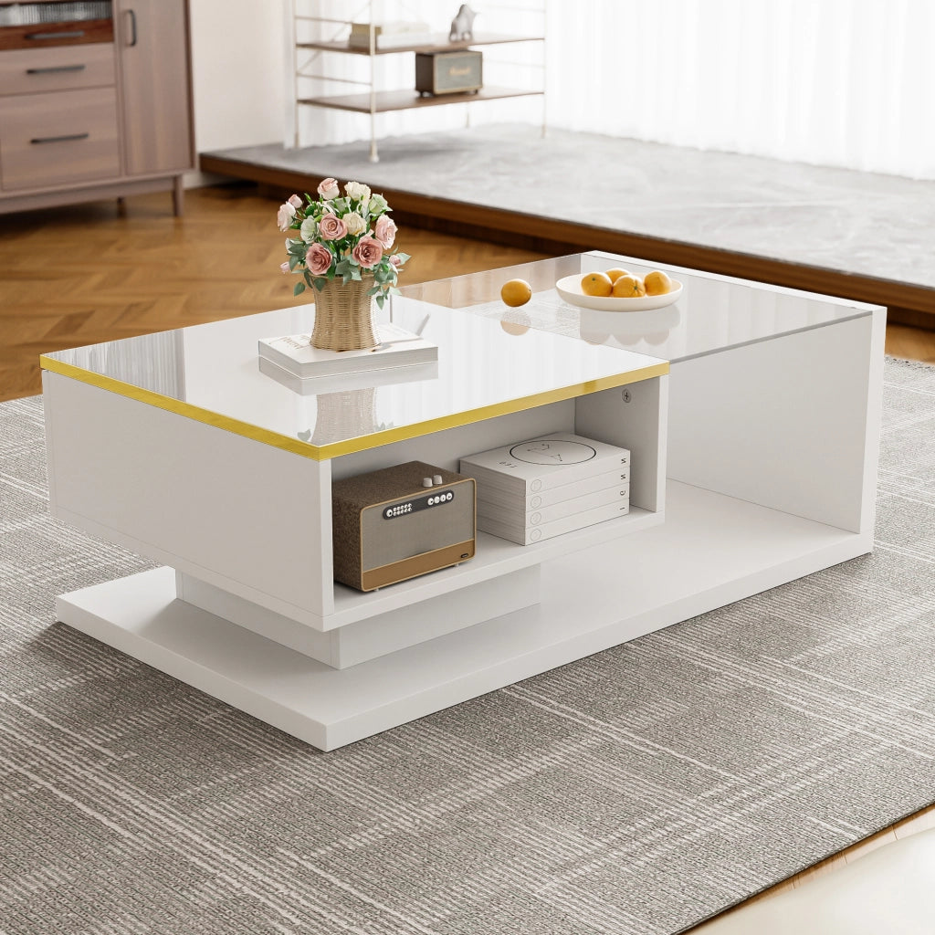 OKWISH Tavolino da Caffè Rettangolare Moderno con Vano e Ripiani Aperti, LED, 90 × 50 × 32.5 cm, Bianco