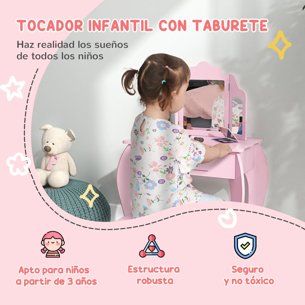 Tavolino trucco per bambine con specchio e sgabello ¨C Xylo ¨C Rosa con cassetto 3-6 anni