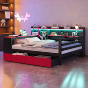 OKWISH Letto Combinato 140×200 cm, Letto Matrimoniale con Scrivania, Libreria, Mensole, LED, USB, 2 Cassetti, senza Materasso, Nero e Rosso