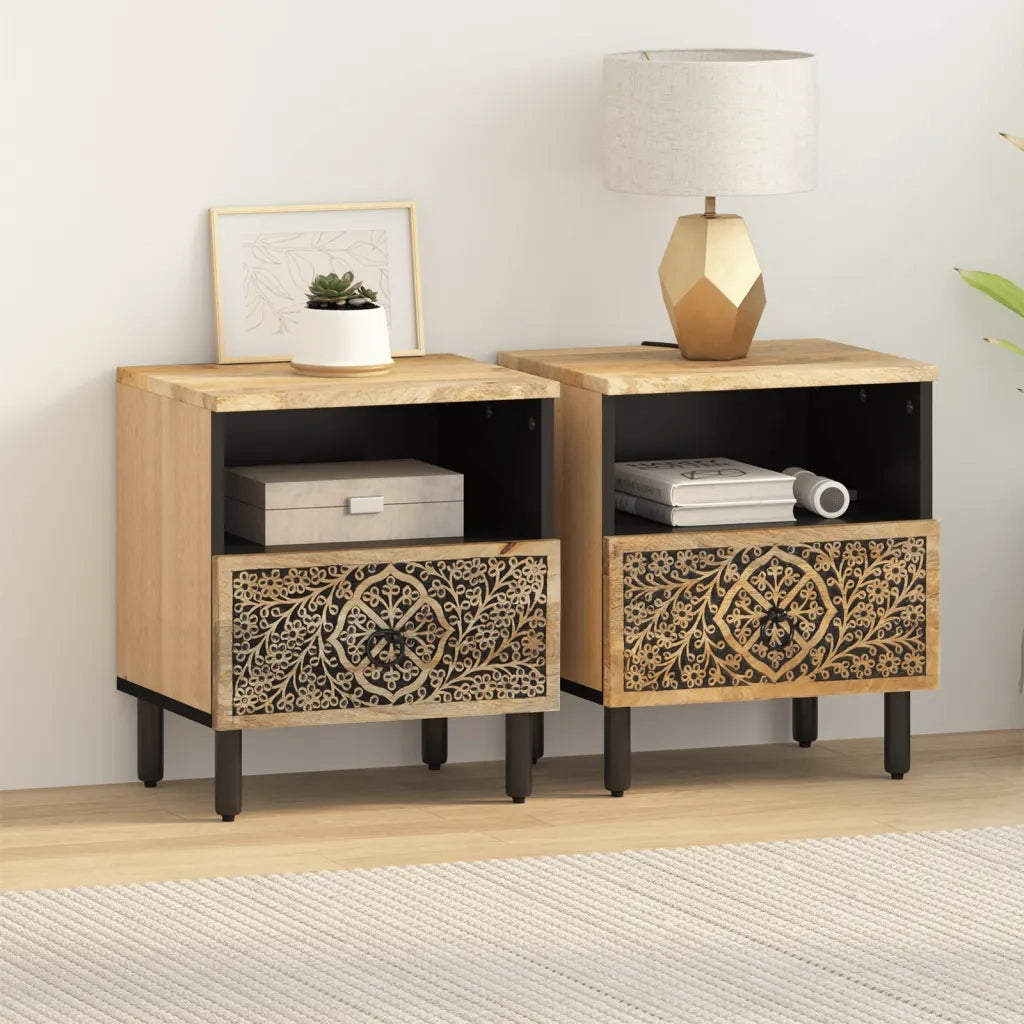 Set di 2 Comodini | Armadio da Notte | Mobiletto da notte 40x33x46 cm in Legno Massello di Mango