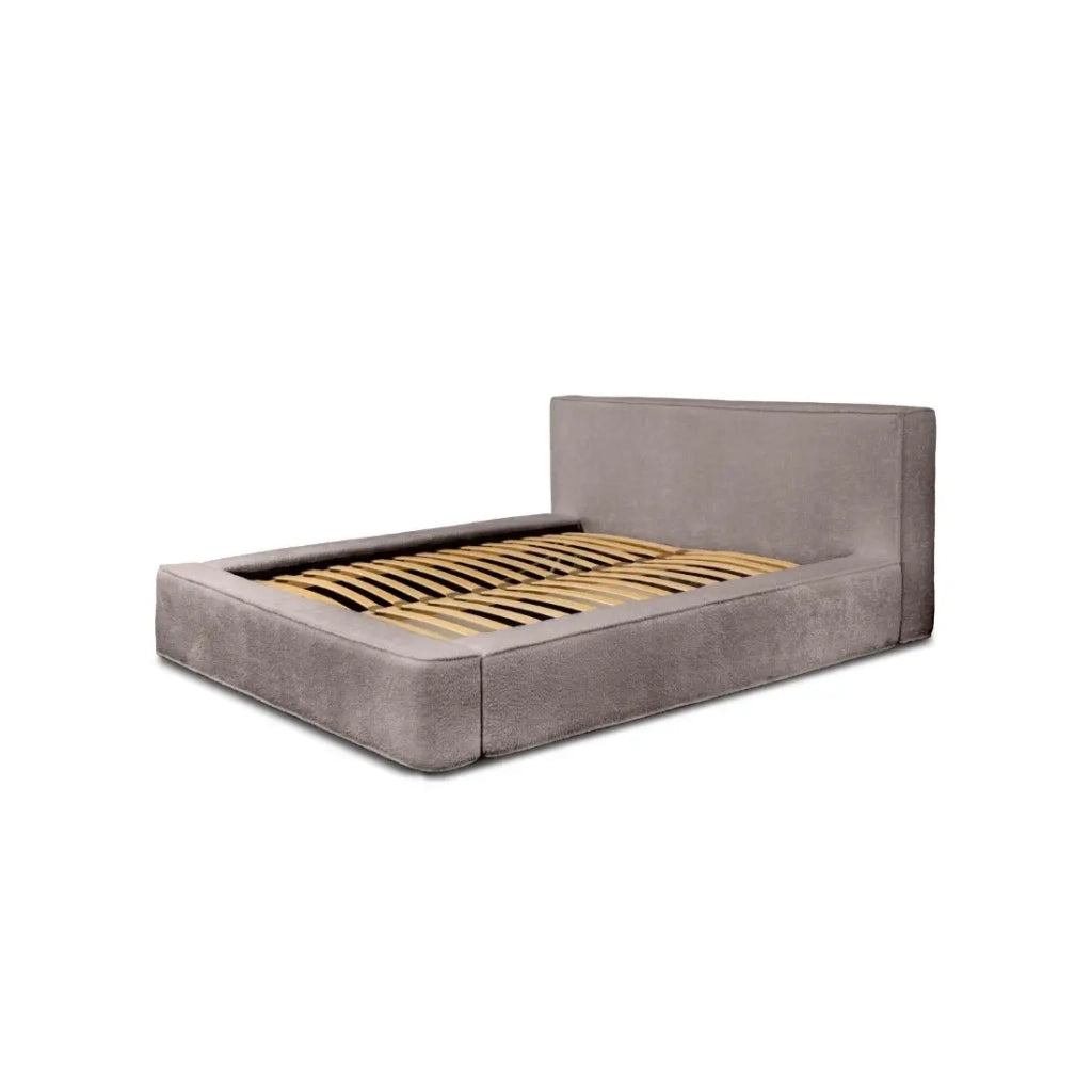 Lit coffre VELORA – Taupe rosato bouclé – 160x200 cm – Tessuto velluto morbido – Rete sollevabile – Contenitore integrato