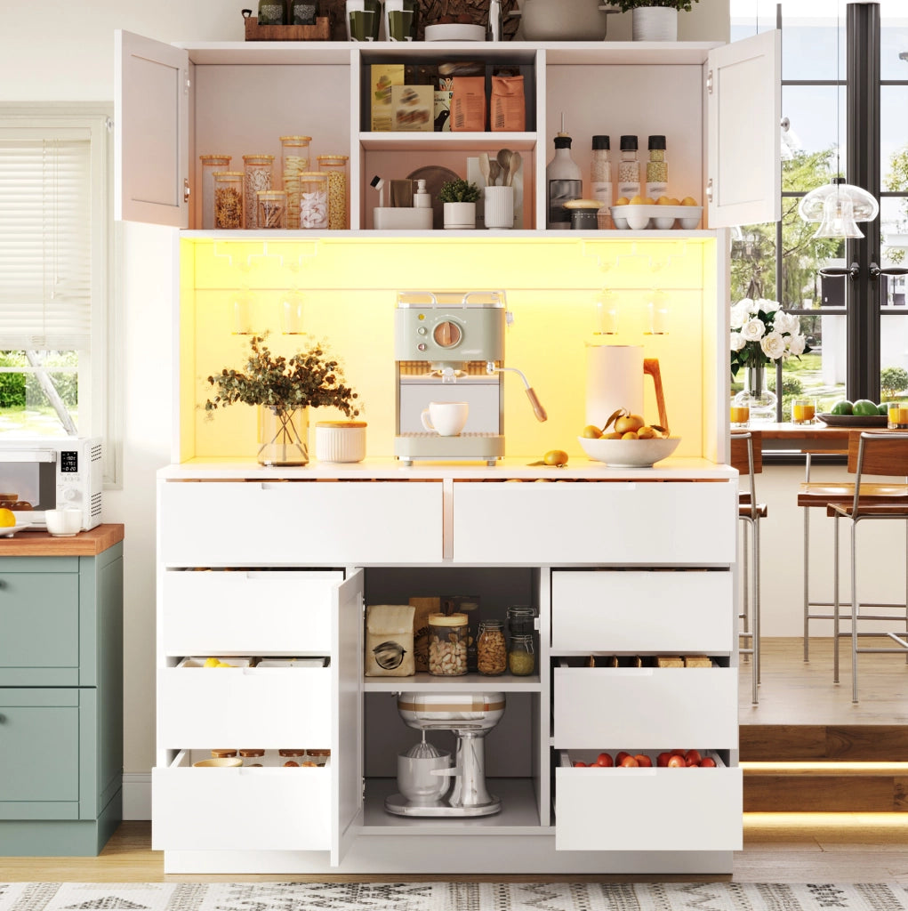 Hochschrank cucina 120x40x183.5 cm con illuminazione LED; 8 cassetti e chiusura magnetica in MDF bianco