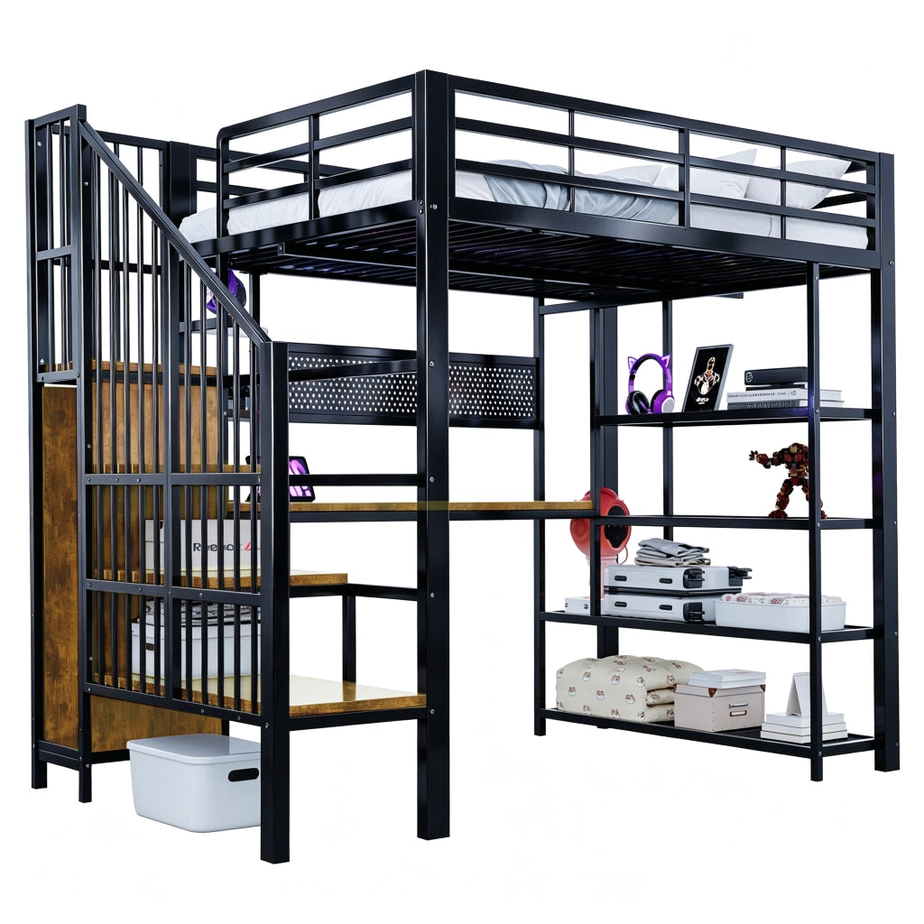 LETTO A SOPPALCO 140x200 cm Nero in metallo e legno con scala contenitore