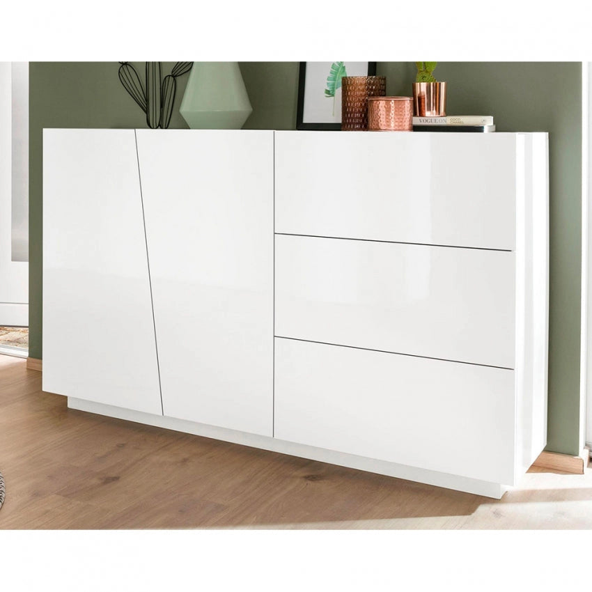 Credenza moderna VEGA con 2 ante battenti e 3 cassetti, bianco lucido 140