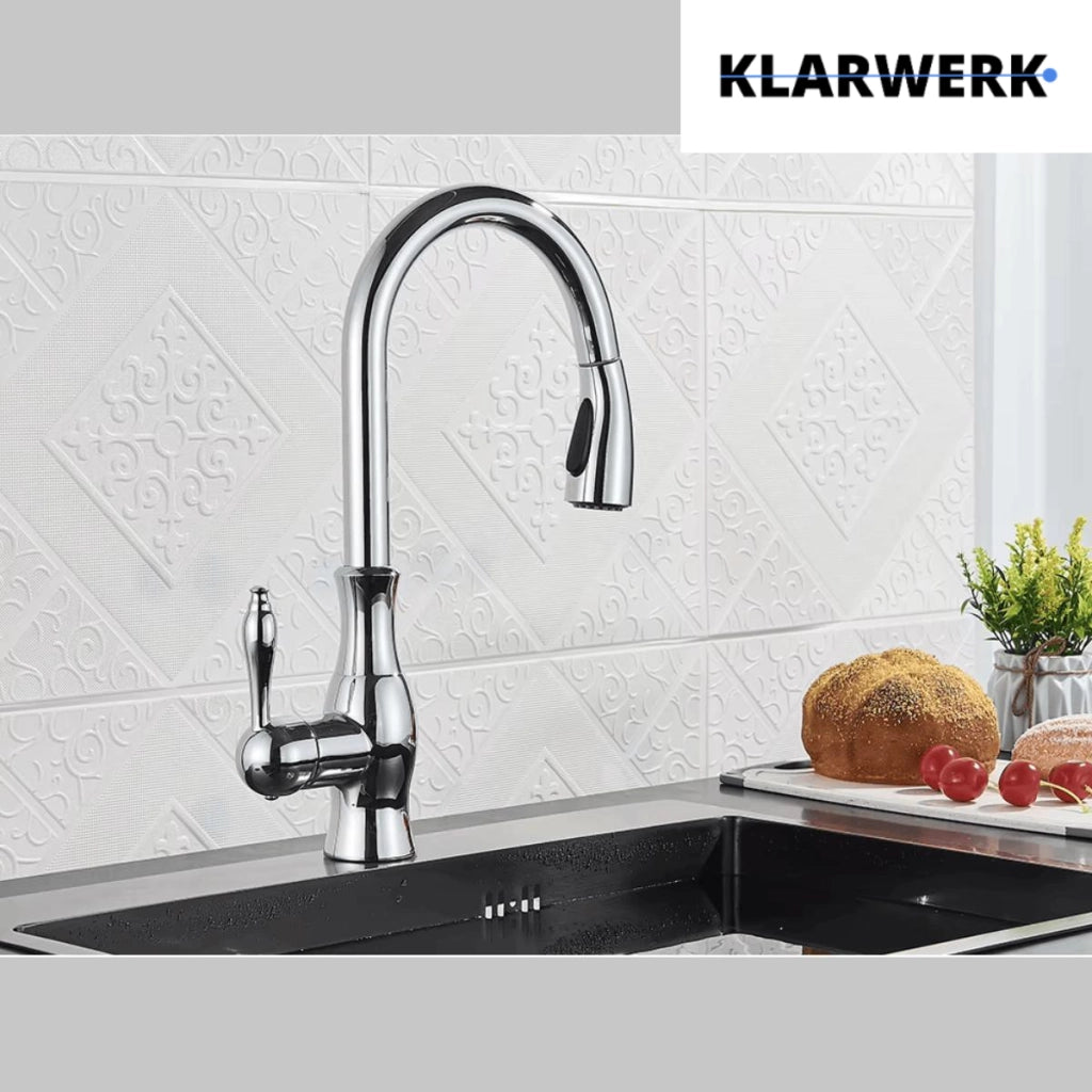 NAVIS | Elegante rubinetto cucina estraibile in acciaio inox cromato argento, arco alto, miscelatore di lusso, alta pressione, 360°, 2 attacchi