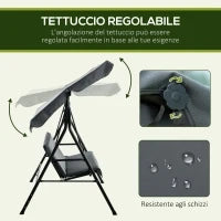 Dondolo 3 Posti con Tettuccio Regolabile e Cuscini, in Acciaio e Poliestere, 172x110x153 cm, Grigio