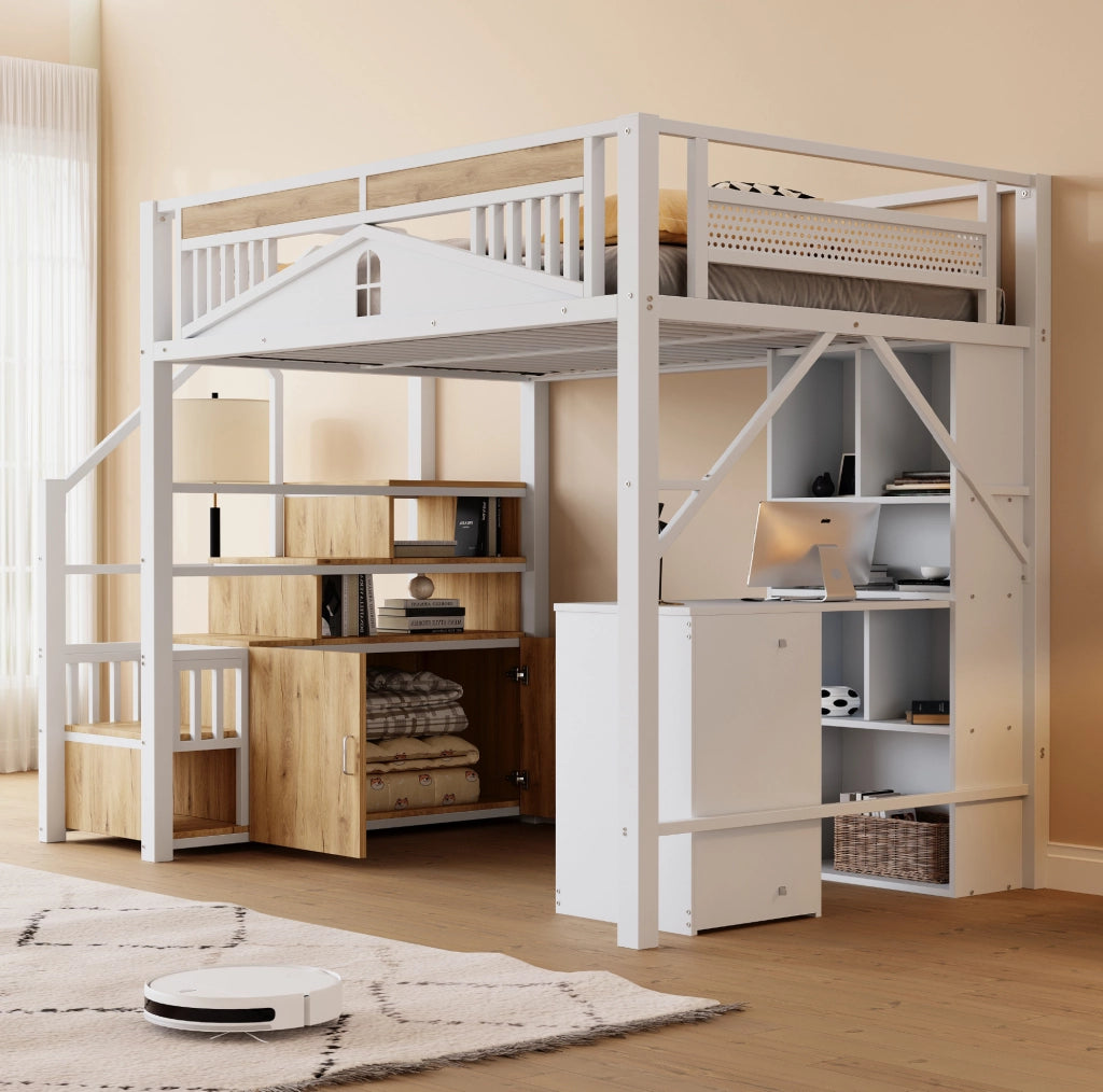Letto a soppalco 140x200 cm bianco metallo e legno con scala contenitore