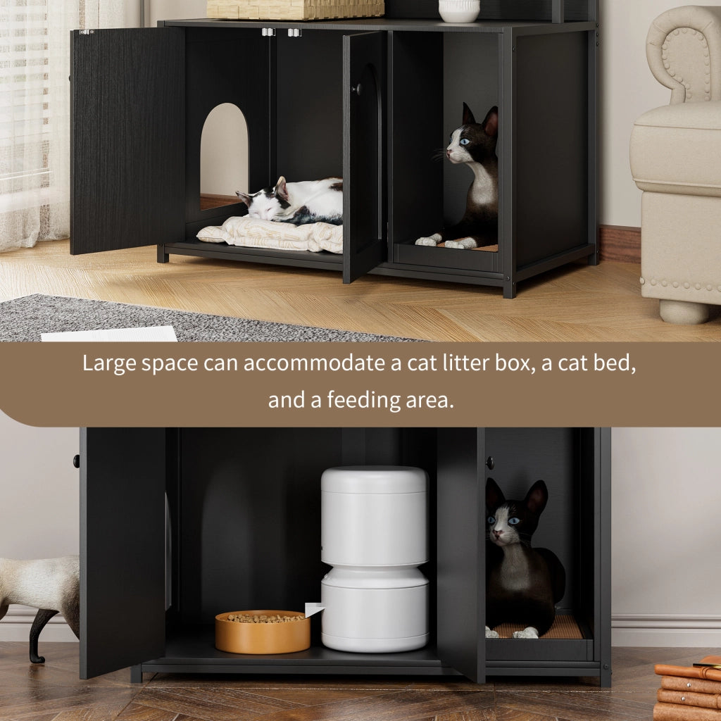 Mobile coperto per lettiera per gatti con 2 ante e ripiani, in metallo e legno, nero 96,2 × 55,2 × 16,2 cm