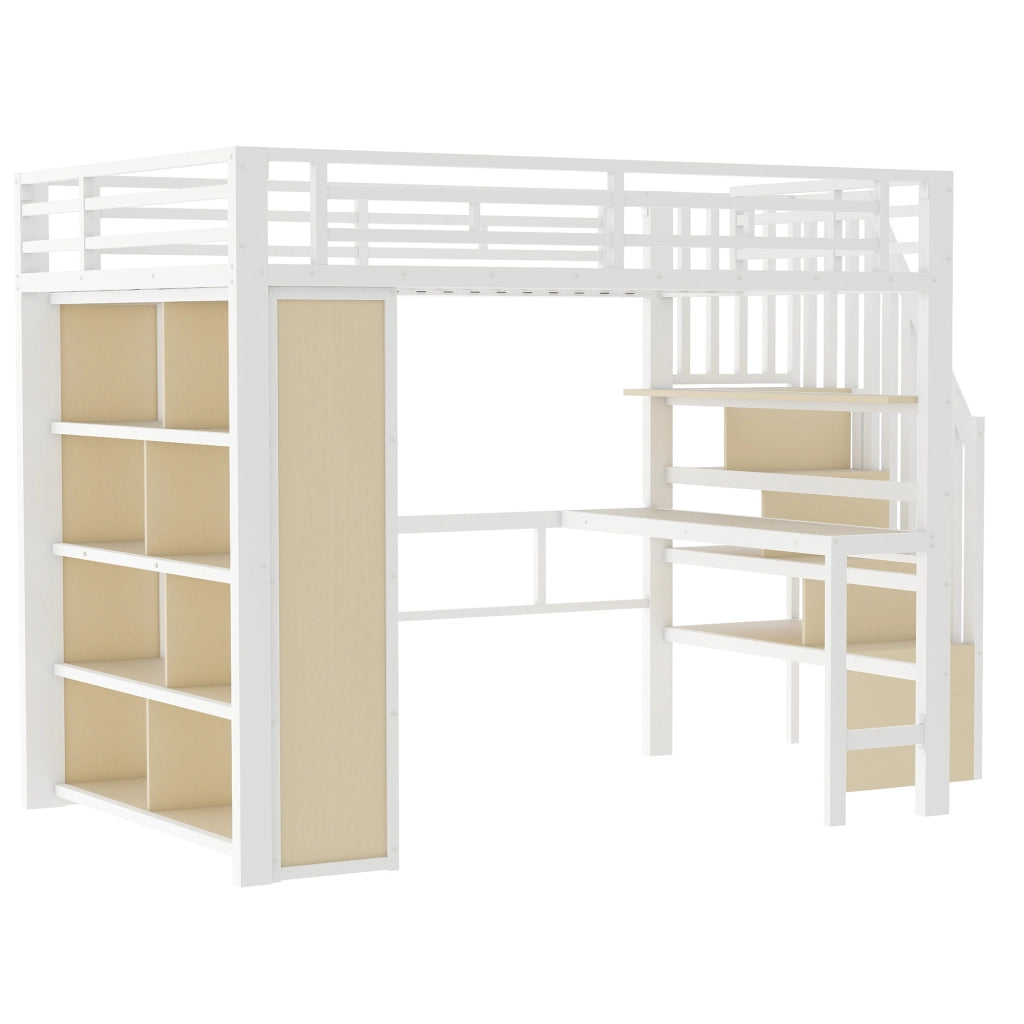 DESMIU Letto a Soppalco 2 Posti con Scrivania, Mensole, LED Regolabile e Scala Contenitore 140 × 200 cm senza Materasso