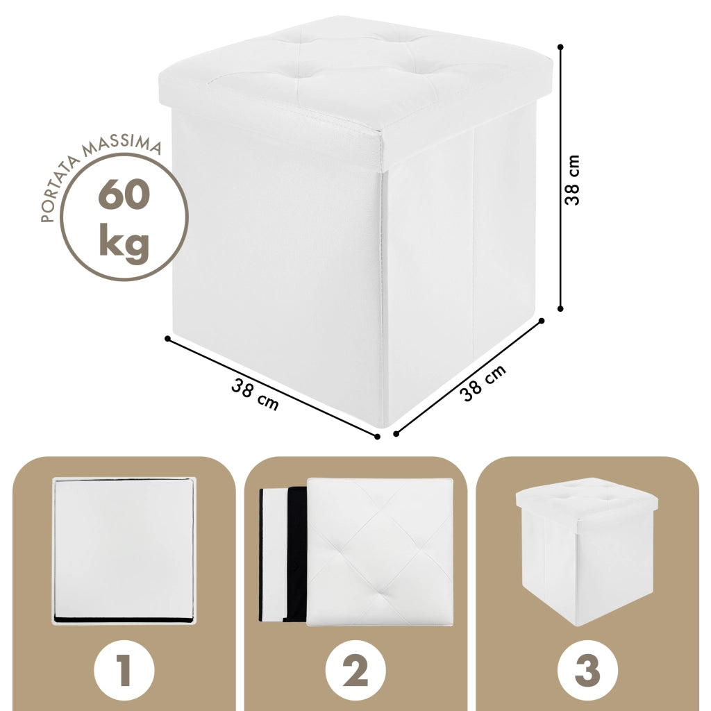 Pouf Poggiapiedi In Ecopelle 2 In 1 Contenitore 38x38Cm Quadrato Salotto Sgabello Camera Soggiorno Portaoggetti Design Moderno Complemento D'arredo Portaoggetti Panca Ingresso  Bianco