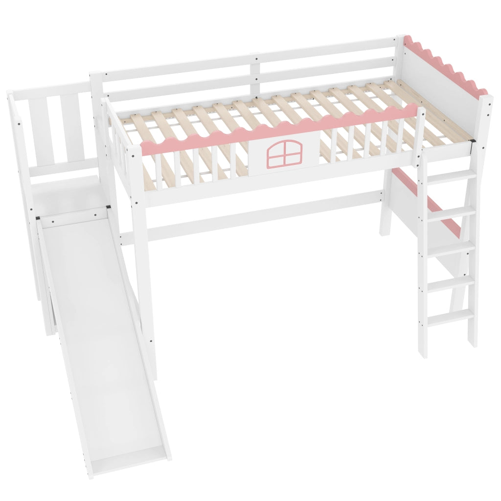 Letto a soppalco singolo 90×200 cm con LED; 3 ripiani e scivolo; senza materasso; pino; bianco