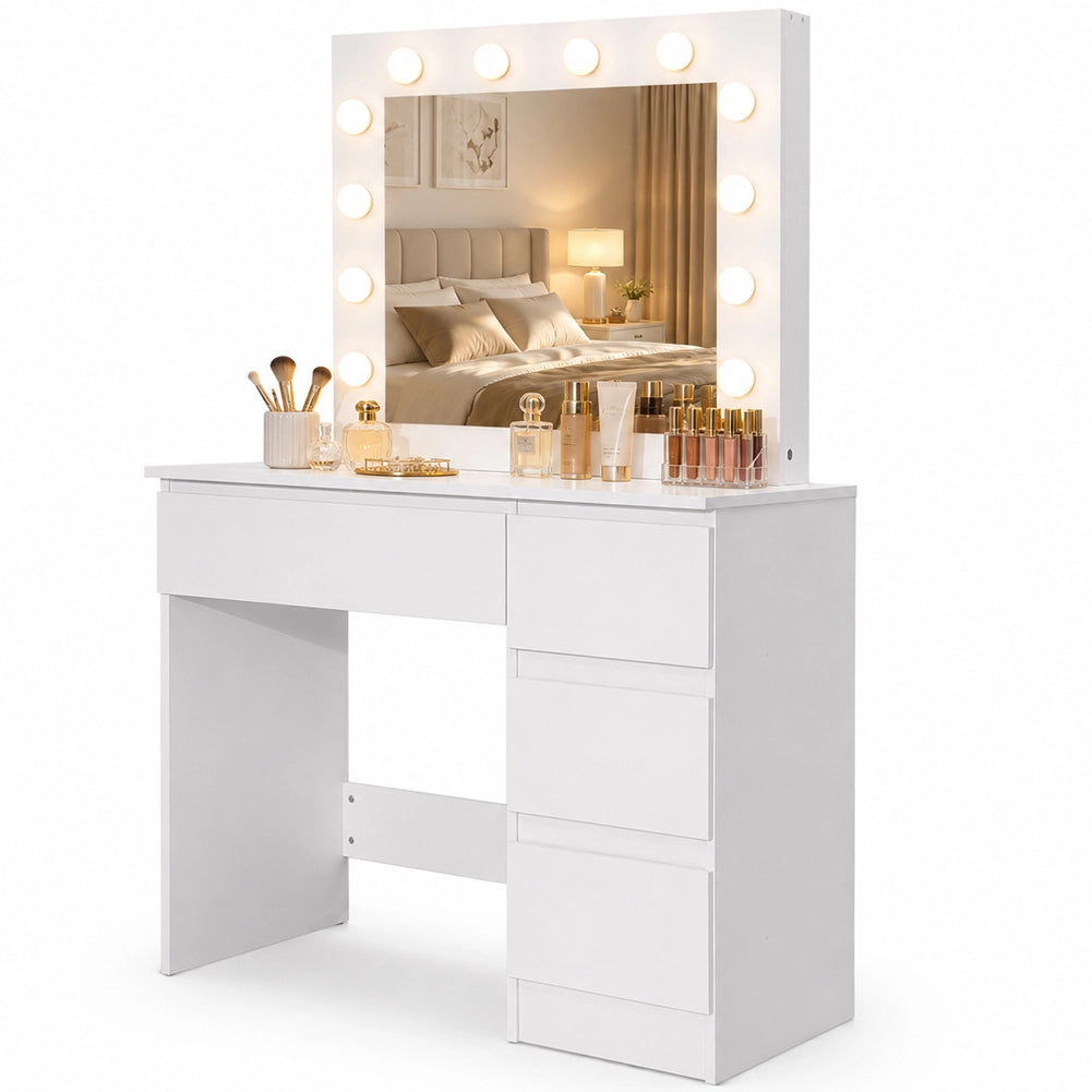 Toeletta Trucco 94x43x140 cm Postazione Makeup 12 Luci LED e Cassetti Bianco