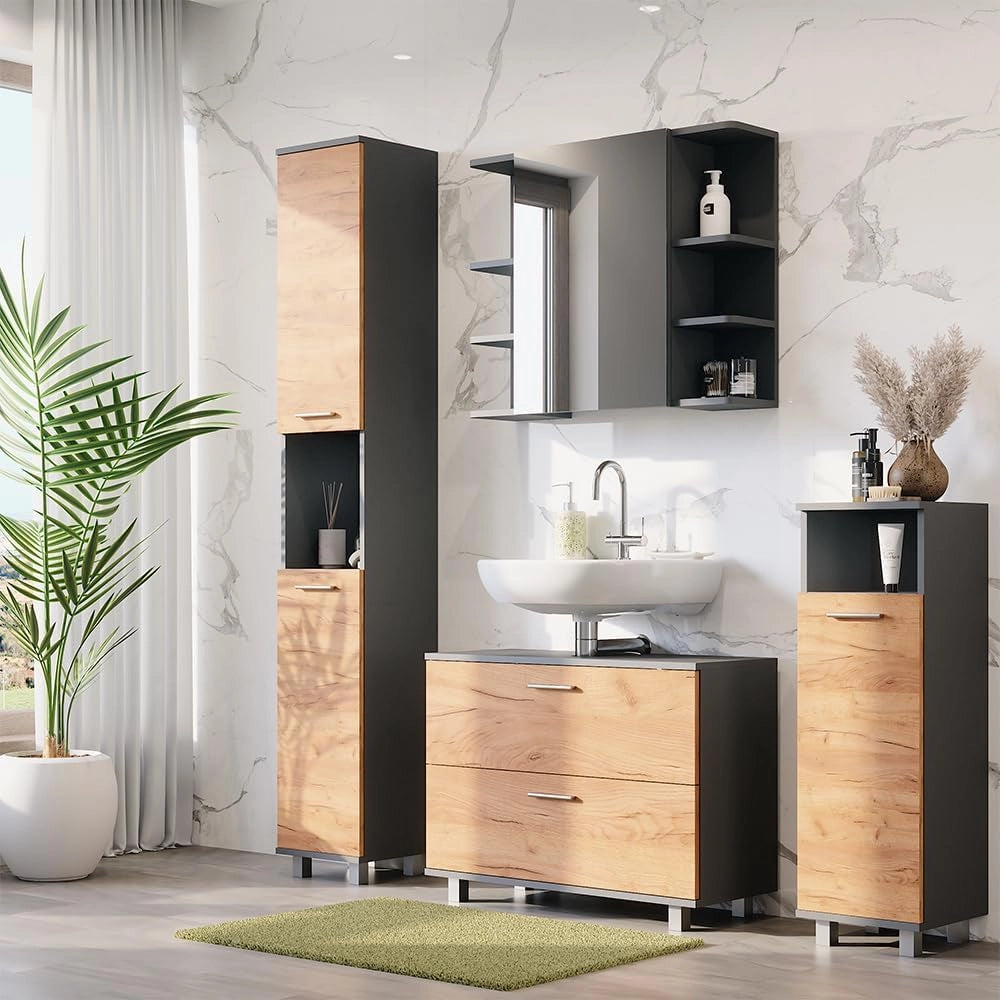Set di mobili da bagno Ilias, Quercia dorata/antracite, 80.2 cm, composto da mobile lavabo, pensile a specchio, colonna e base media