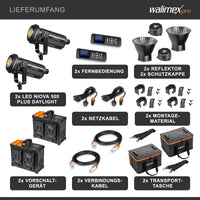 Niova Plus 500 Daylight, Set 2 Faretti LED per fotografia, luce video 500 W, con riflettore Bowens e diffusore, con tecnologia COB-LED, per studio fotografico