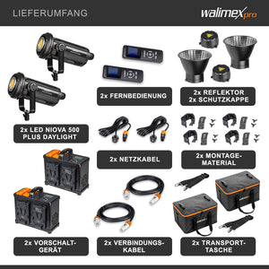 Niova Plus 500 Daylight, Set 2 Faretti LED per fotografia, luce video 500 W, con riflettore Bowens e diffusore, con tecnologia COB-LED, per studio fotografico
