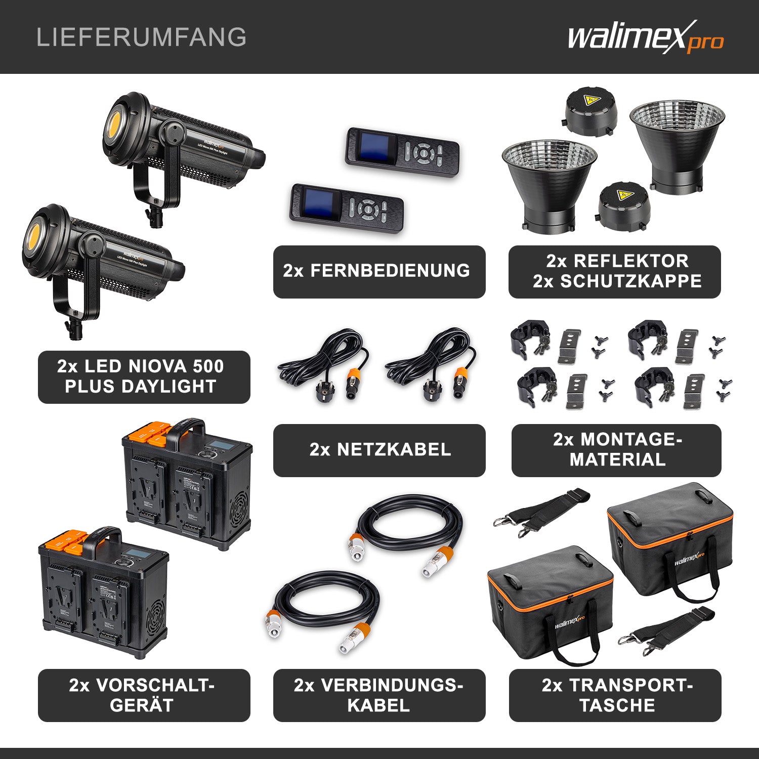 Niova Plus 500 Daylight, Set 2 Faretti LED per fotografia, luce video 500 W, con riflettore Bowens e diffusore, con tecnologia COB-LED, per studio fotografico