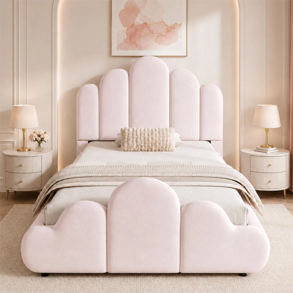 LETTO per bambini 90x200 cm in velluto rosa, struttura imbottita