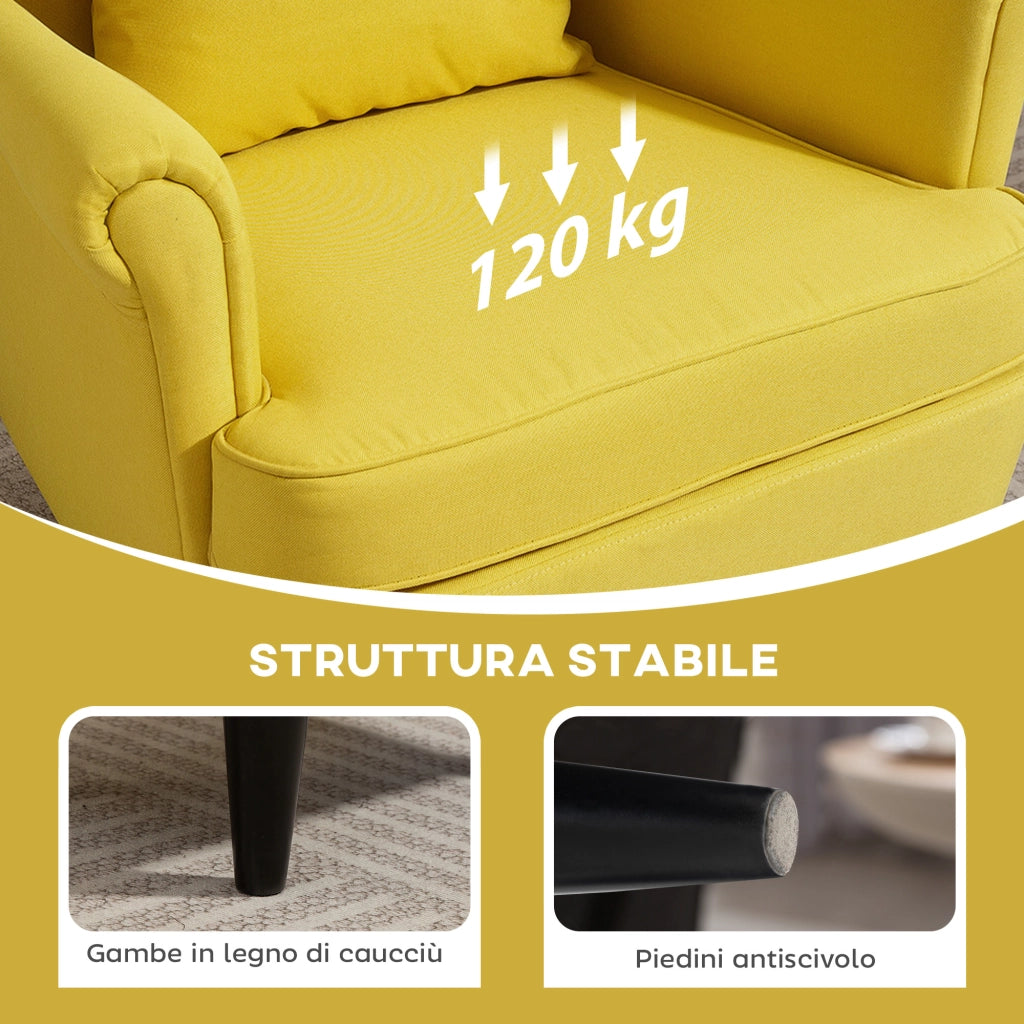 Poltrona con Poggiapiedi in Stile Moderno 75x83x104 cm in Tessuto Effetto Lino e Legno Giallo