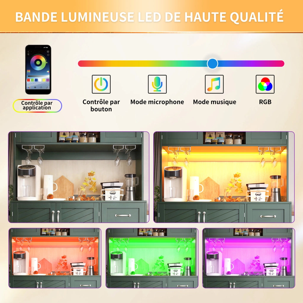 OKWISH Credenza da Cucina con 4 Ante, Cassetti, Supporti per Bevande e LED, per Cucina, MDF, Verde, 120 x 40 x 188 cm