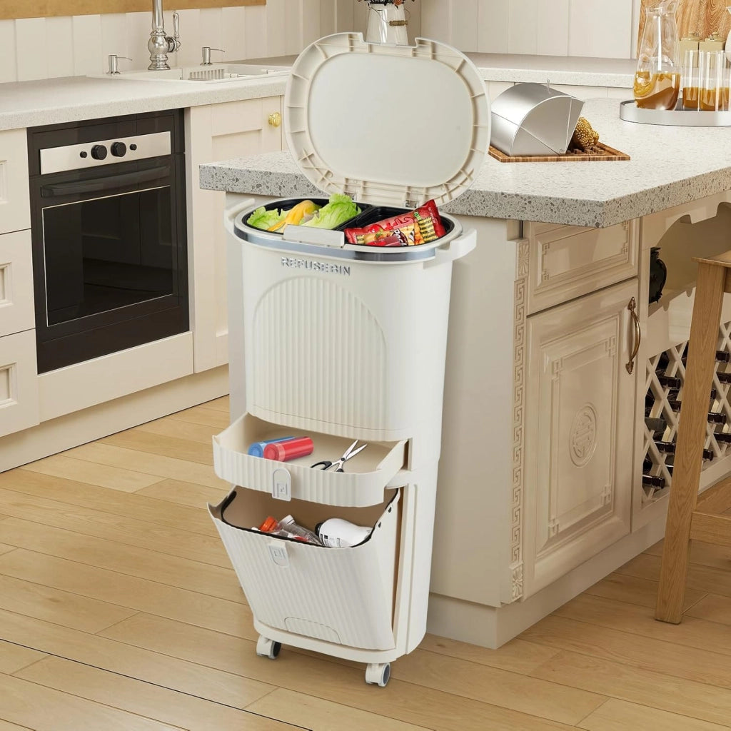 Pattumiera 38L/42L, cestino per il riciclaggio in PP con 3 scomparti, pedale, coperchio con pulsante e ruote, contenitore per cucina, bagno, ufficio (crema, 3 secchi+1 cassetto)