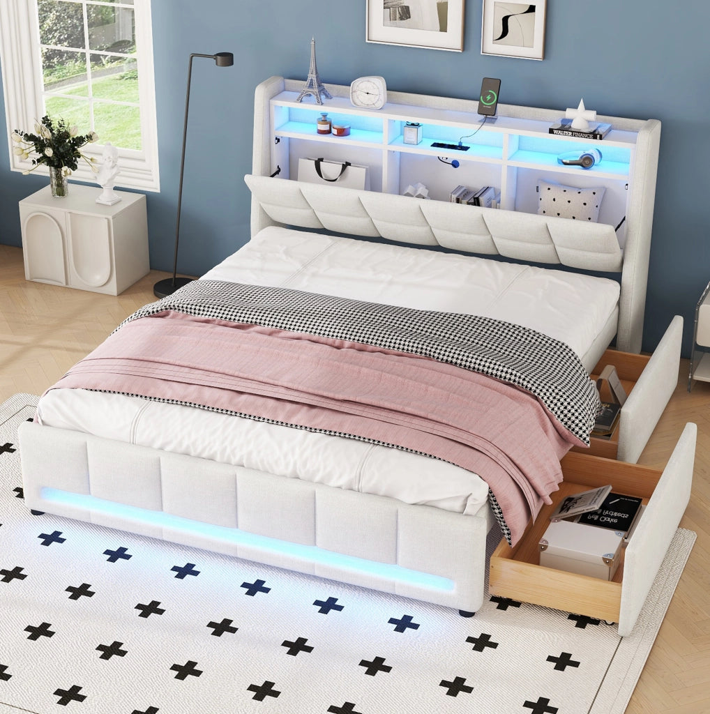 Letto imbottito 140x200 cm in lino e MDF beige; con LED APP; USB; cassetti e vani contenitore