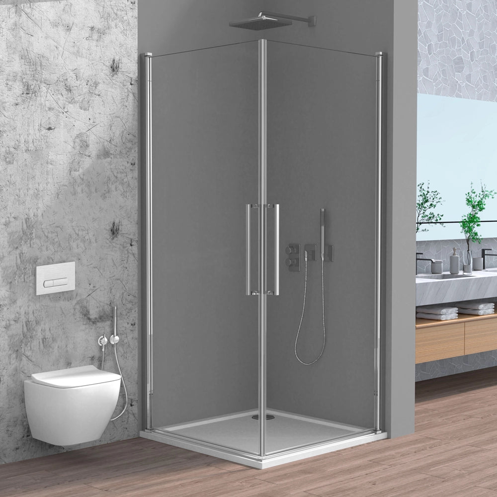 Box doccia angolare 80x80 in vetro temperato doppio battente con profili cromo Neos
