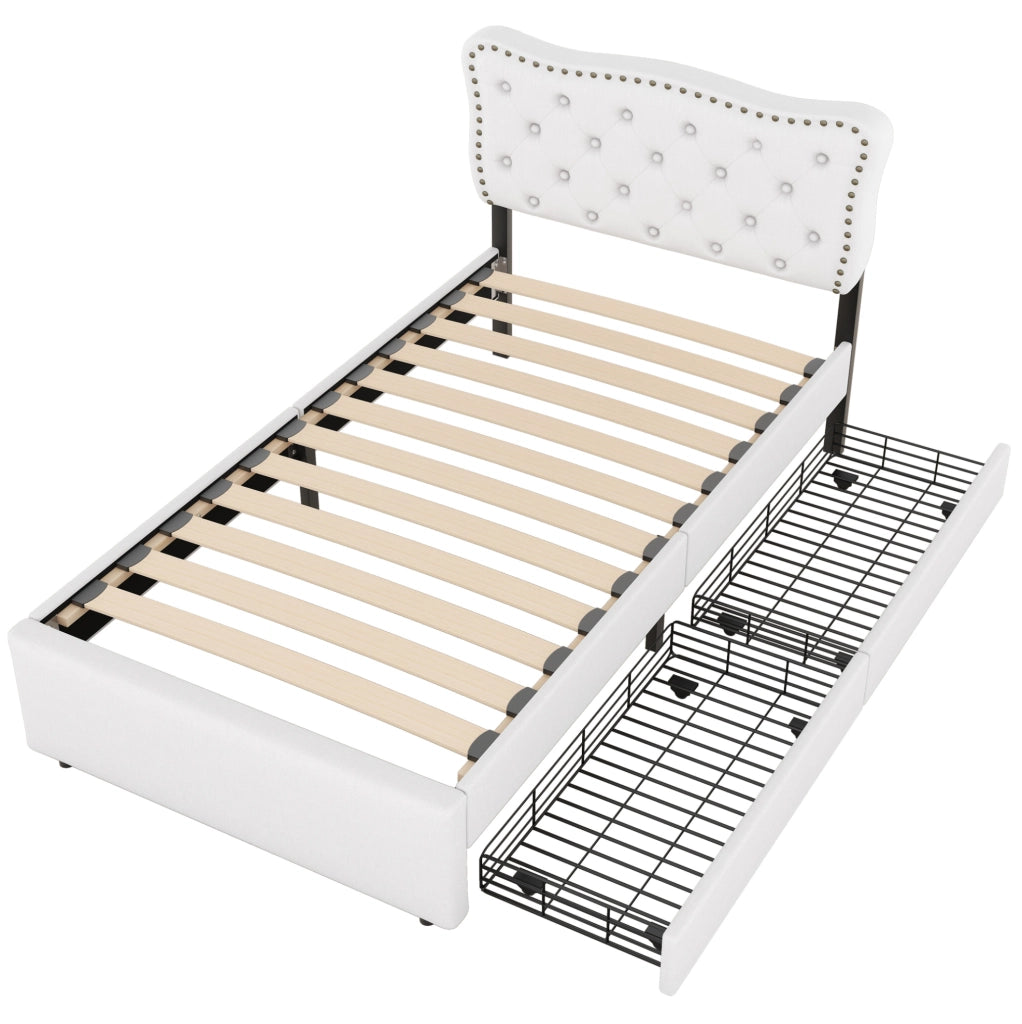 Letto imbottito 90x200 cm beige chiaro con cassetti doppi e decorazioni con borchie