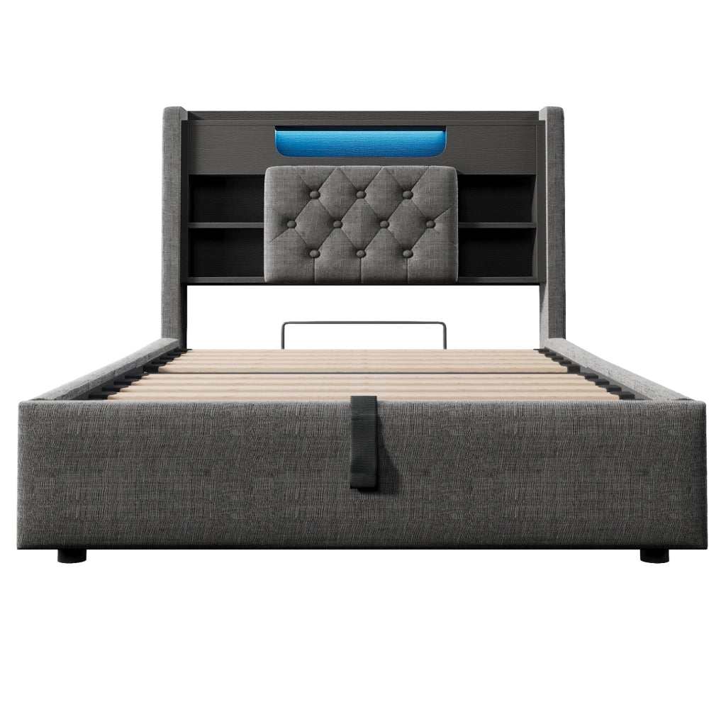Letto imbottito ULEVR 90x200 cm con contenitore idraulico, LED, USB e Type-C, testiera con ripiani, grigio