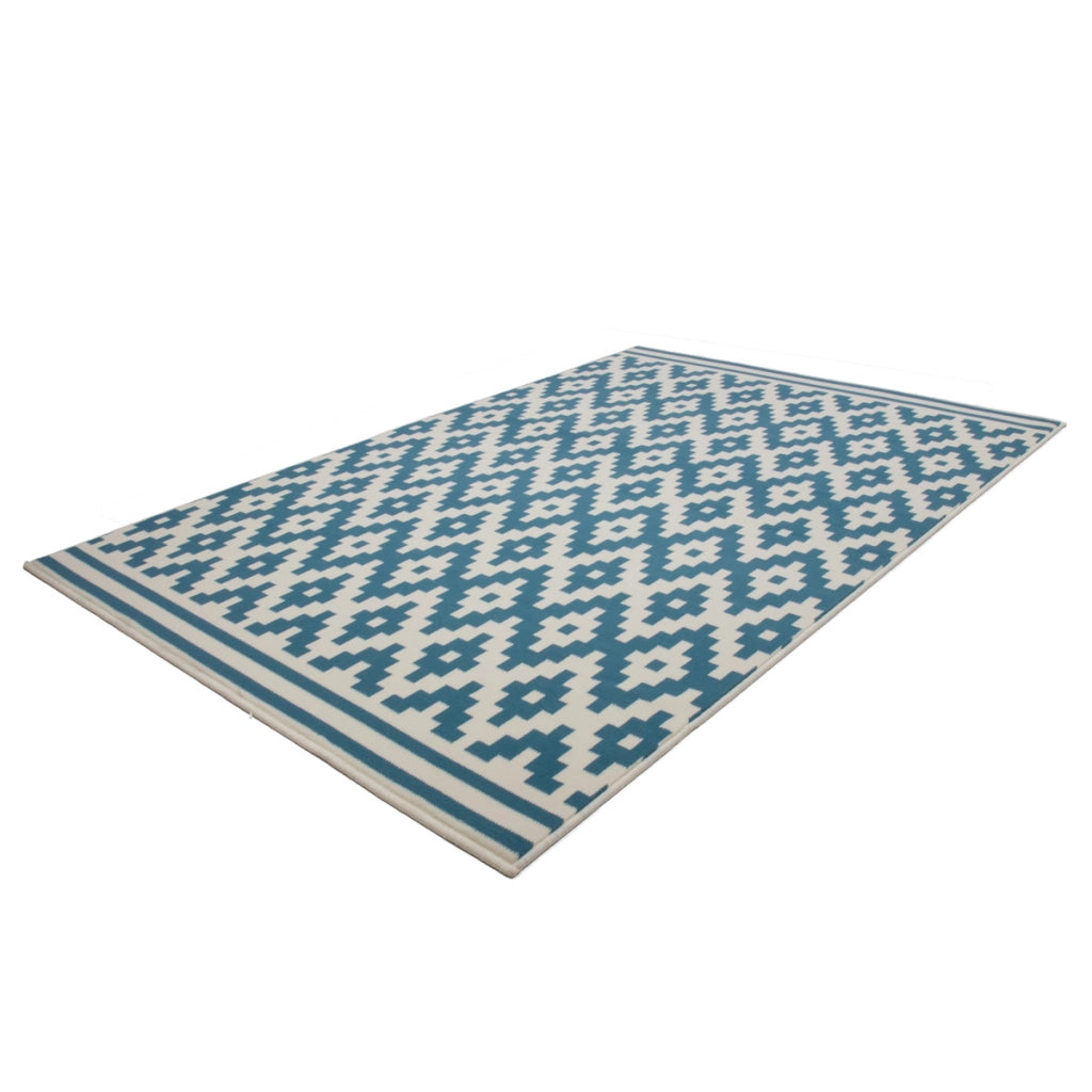 Tappeto Stella 300 Bianco e Turchese con Motivo Geometrico