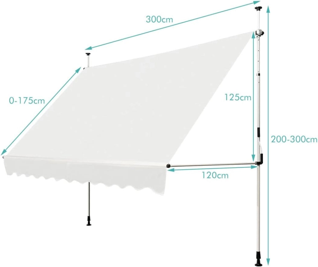 Tenda da Sole per Balcone, Tenda da Sole a Morsetto per Esterno, Regolabile in Altezza, Telaio Telescopico Senza Forare, Telo Resistente ai Raggi Solari (300 cm, Beige)