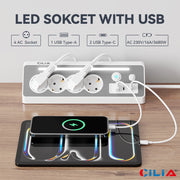 Ciabatta Elettrica Angolare ¨C zephmum ¨C 4 Prese Schuko, 2 USB-C, 1 USB, Luce LED, Cavo 1.5m