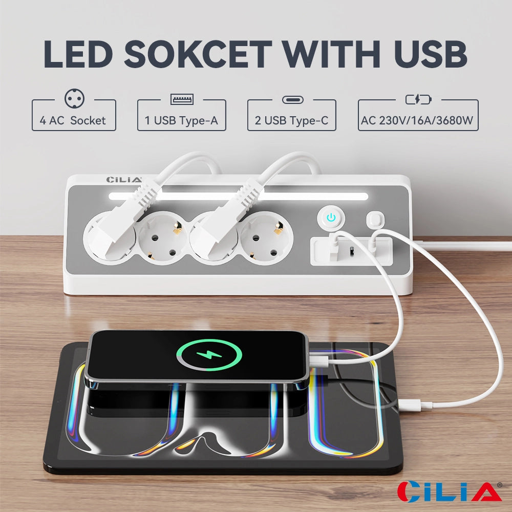 Ciabatta Elettrica Angolare ¨C zephmum ¨C 4 Prese Schuko, 2 USB-C, 1 USB, Luce LED, Cavo 1.5m